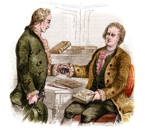 Joseph de Maistre (1753-1821), fransk politiker, forfatter og filosof, og grev Xavier de Maistre (1763-1852), fransk officer og forfatter med det første eksemplar af "Rejsen rundt på mit værelse". Skovtegning. Stik fra 1852. af French School