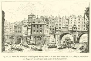 Søfolks dyst mellem Notre-Dame-broen og Change-broen i 1751 efter et maleri af Raguenet tilhørende Samaritaine-badene af French School