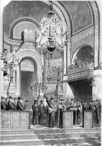 Jødedom: højtidelig modtagelse af overrabbineren i Paris, Zadoc Kahn (1839-1905), i synagogen på rue Notre Dame de Nazareth, 13. januar 1869. Overrabbineren indskrev ""Bønnen for kejseren"". Indgravering i ""The Illustrious World"" nr. 615 af 23 ja af French School
