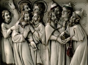 Judas modtager tredive stykker sølv, detalje af elfenbensdiptykon, fransk af French School