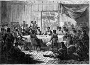 Khabar (møde) med franske officerer og madagaskiske høvdinge, der repræsenterer dronning Ranavalo Manja e (Ranavalona). Madagaskar af French School