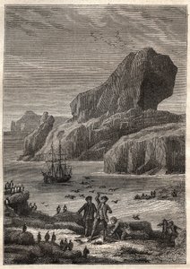 Kerguelen-øerne. Illustration til The Great Navigators of the Attende Century af Jules Verne - James Cook aux Iles de Kerguelen en 1776 (øgruppen Kerguelen eller Iles de la Desolation) - i "The Voyageurs of the 18th and 19th Century - illustration af French School