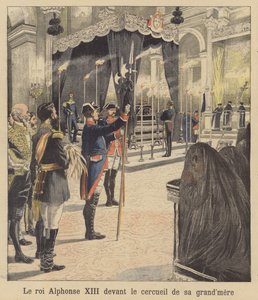Kong Alfonso XIII af Spanien foran kisten med sin bedstemor, dronning Isabella II (farvelitografi) af French School