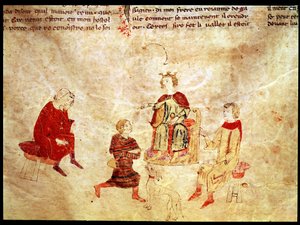 Kong Arthur på sin trone omgivet af sine rådgivere, fra Roman de Meliadus af French School