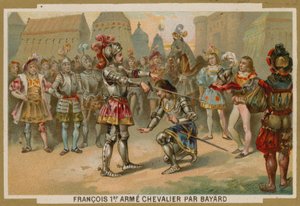 Kong Charles I af Frankrig blev slået til ridder af Chevalier de Bayard efter slaget ved Marignano, 1515 af French School