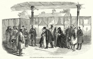Kong Louis-Philippe af Frankrig ankommer til Croydon banegård efter at være blevet tvunget i eksil, februar 1848 (gravering) af French School