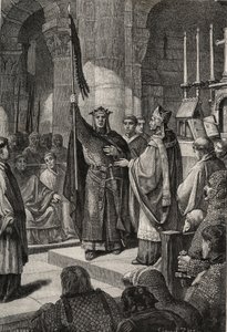 Kong Ludvig VII (1120-1180) tager oriflamen ved basilikaen Saint Denis (Saint Denis) i nærværelse af dronning Alienor af Aquitaine og modtager humlebien og pannetieren af pelerin fra hænderne på pave Eugene III (? -1153) før hans afgang af French School