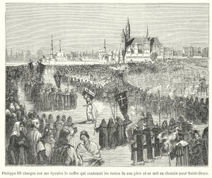 Kong Philip III af Frankrig bærer knoglerne af sin far, Ludvig IX, til sin begravelse i Basilica of St Denis, Paris af French School