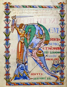 Ridder kæmper mod dragen - lettrine R (initial), miniature fra manuskriptet "Moralia in Job", Morales sur Job af Saint Gregoire, fra citeau-klosteret af French School
