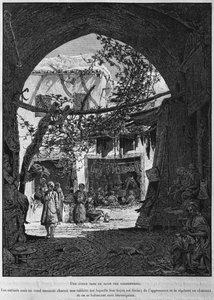 Koranskole i skomagernes baazar, fra La Terre Sainte af Victor Guerin, 1884 (bw-gravering) af French School