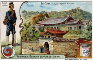 Korea: Seouls kejserpalads og soldaterkostume - Liébig chromo, v.1900 af French School
