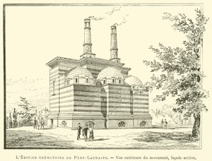 Pere-Lachaise Krematorium Bygningen, udvendig udsigt af monumentet, bagfacade (gravering) af French School