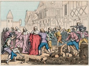 La Fronde (27. august 1648) - barrikader i Paris: en rotordreng, der truer parlamentets præsident, Mathieu Mole (1584-1656) - Præsident Mole mandskabt af oprørere - Indgravering af slutningen af det 19. århundrede i "" Nos Gires Nationales - Billeder og re af French School