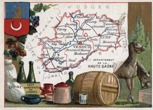 Haute-Saone (Haute Saone, 70), Franche Comte (Franche-Comte), Frankrig. Mel, Luxeuil Minerales, kirschwasser (kirsch). Serie om de franske departementer. Chromolithography (Chromo) "" den geografiske tråd"", ca. 1920. Privat samling. af French School