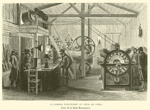 Det elektriske lys ved hovedkvarteret i Paris, Poste de la Butte Montmartre (gravering) af French School