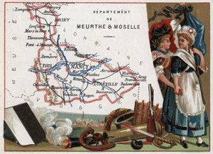 La Meurthe et Moselle (Meurthe-Et-Moselle, 54), Lorraine, Frankrig. Portræt af to revolutionære kvinder. Serie om de franske departementer. Chromolithography (Chromo) "" den geografiske tråd"", ca. 1920. Privat samling. af French School