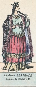 Dronning Bertrude, Hustru til Clotaire II (farvet gravering) af French School
