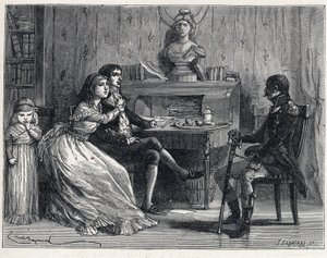 La Terreur under den franske revolution: Camille Desmoulins (1760-1794), fængslet, fik besøg af sin kone Lucile (1770-1794) og marechal Guillaume Brune (1763-1815) af French School