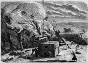 Ballonens fald ""Le Geant"" på Hannovers sletter i 1863 med ombord: Jules og Louis Godard, Felix Nadar, hans kone, Fernand Montgolfier og Thirion. Luftfarten forsøger at redde Ms. Nadar, fanget under kurven. Indgravering i ""Verdensbilledet". af French School