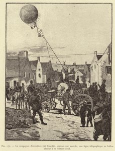 Selskabet af ballonfarere krydser under en march en telegrafisk linje til ballonen fastgjort til dens spilvogn (gravering) af French School