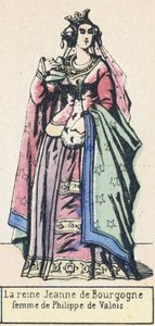 Dronning Jeanne af Bourgogne, hustru til Philippe de Valois (farvet gravering) af French School