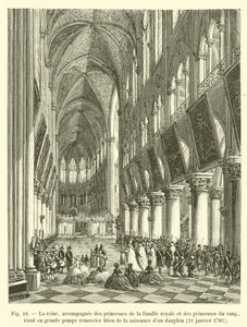 Dronningen, ledsaget af kongefamiliens prinsesser og blodets prinsesser, kommer med stor pomp og pragt for at takke Gud for fødslen af ​​en Dauphin, 21. januar 1782 af French School