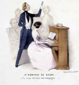 The Salon Romance: Mand synger akkompagnement ved klaveret af en kvinde, af Lonsay, ca. 1845. af French School