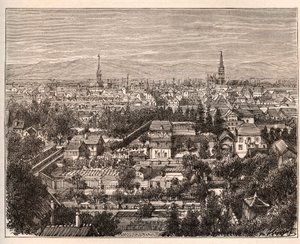 Byen Mulhouse (Haut-Rhin) - indgravering i "La France illustrée: geografi, historie, statistisk administration" af V.A. Malt-Brown. 1884 af French School