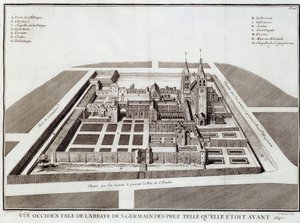 Abbey of Saint Germain før 1640 - i ""History of the Abbey of Saint Germain des Pres"" af Dom Jacques Bouillart, red. Dupuis, Paris af French School