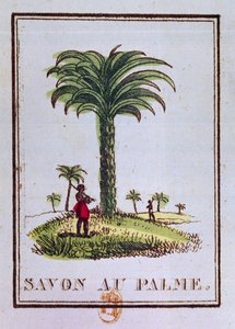 Etiket til en palmeolieduftende sæbe, der viser et palmetræ af French School