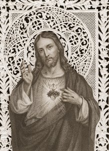 Blondekort, der viser Jesu hellige hjerte, 1800-tallet (bw litho) af French School