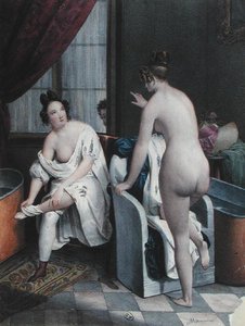 Damer i bad, ca. 1840 (farve litho) af French School