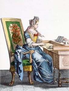 Dame ved Skrivebord 88: En kvinde betaler regninger ved sit skrivebord; af French School