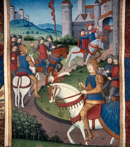 Lancelot ankommer til en fransk landsby (vellum) af French School