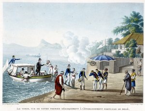 Landing ved den portugisiske bosættelse Dilé, øen Timor. af French School