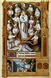 ""Jesses træ"" Jesse, Davids far, hviler nedenunder, over sine efterkommere. Miniature af den franske skole i det 15. århundrede. Madrid, Nationalbiblioteket af French School