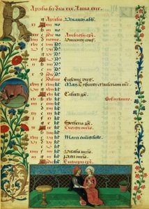 Lat 1173 f.2v April; To elskende siddende udendørs, af Robinet Testard, fra Charles of Angoulemes timer af French School