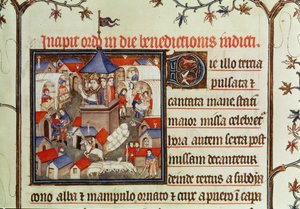 Lat 962 f.264 Miniature af en biskop, der velsigner den årlige messe eller marked, der afholdes i to uger i juni på St. Denis sletter, fra en pontifical, 1301-1400 af French School