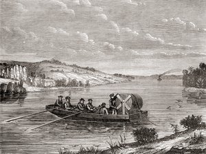 At lægge et telegrafkabel under en amerikansk flod ca. 1860, fra Les Merveilles de la Science, udgivet ca. 1870 (gravering) af French School