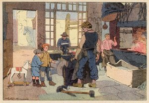 Le Forgeron, The Smith (farve litho) af French School