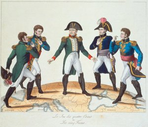 The Game of Four Coins eller The Five Brothers, bonapartistisk tegneserie af Napoleon og hans brødre, 1808 af French School