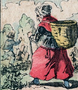 Le Pere Fouettard, fransk karakter for den piskede far, legendarisk folklorefigur, der straffer de frække børn: hans kone, La Mere Fouettard, den piskede mor, der forfølger børnene, der springer skolen - Epinalt billede af French School