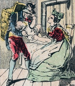 Le Pere Fouettard fransk karakter for den piskede far, legendarisk folklorefigur, der straffer de frække børn og omslutter de ulydige, Epinalbillede 1800-tallet (gravering) af French School