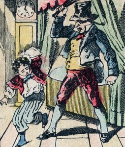 Le Pere Fouettards legendariske folklorekarakter, der straffer ukloge børn med sin pisk og omslutter ulydige børn, billede af Epinal af French School