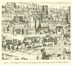 Templet omkring 1620, set fra faubourg, faksimile af en gravering af Mathieu Merian af French School