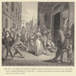 De italienske skuespilleres afgang efter lukningen, efter ordre fra kongen, af teatret i Comedie-Italienne, 4. maj 1697 (gravering) af French School
