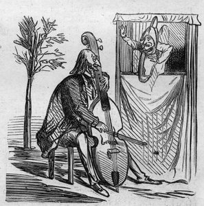 Maestro Offenbach monopoliserer med sin musik alle teatrene i Paris. Den tyske naturaliserede franske komponist Jacques Offenbach (1819-1880) spiller cello. Cham tegnefilm. Indgravering i ""Le Monde Illustre"" nr. 499 af 3. november 1866. af French School
