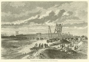Den nye Rhinbro under opførelse (gravering) af French School
