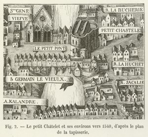 Le petit Chatelet og dens omgivelser omkring 1540, ifølge gobelinets plan