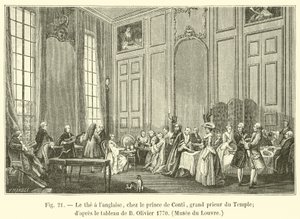 Engelsk te, med Prince de Conti, Templets Grand Prior; efter maleriet af B Olivier 1770, Louvre-museet